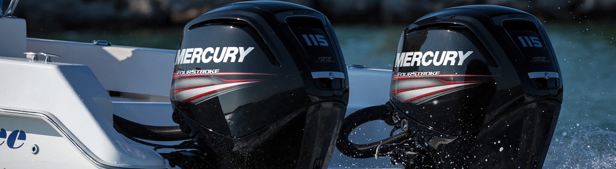 2017 a pair of Mercury boat motors at sea.
